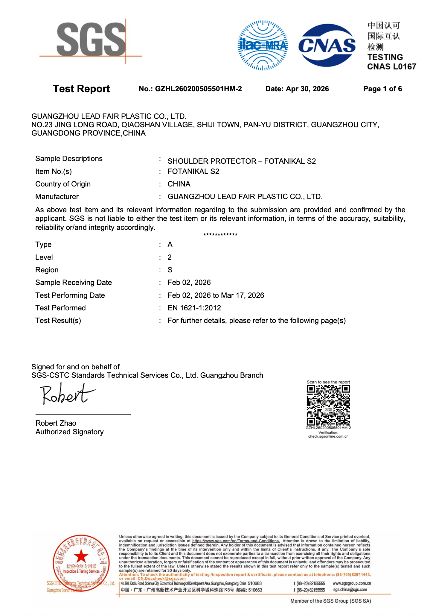 Shoulder protection EN 1621-1 test report