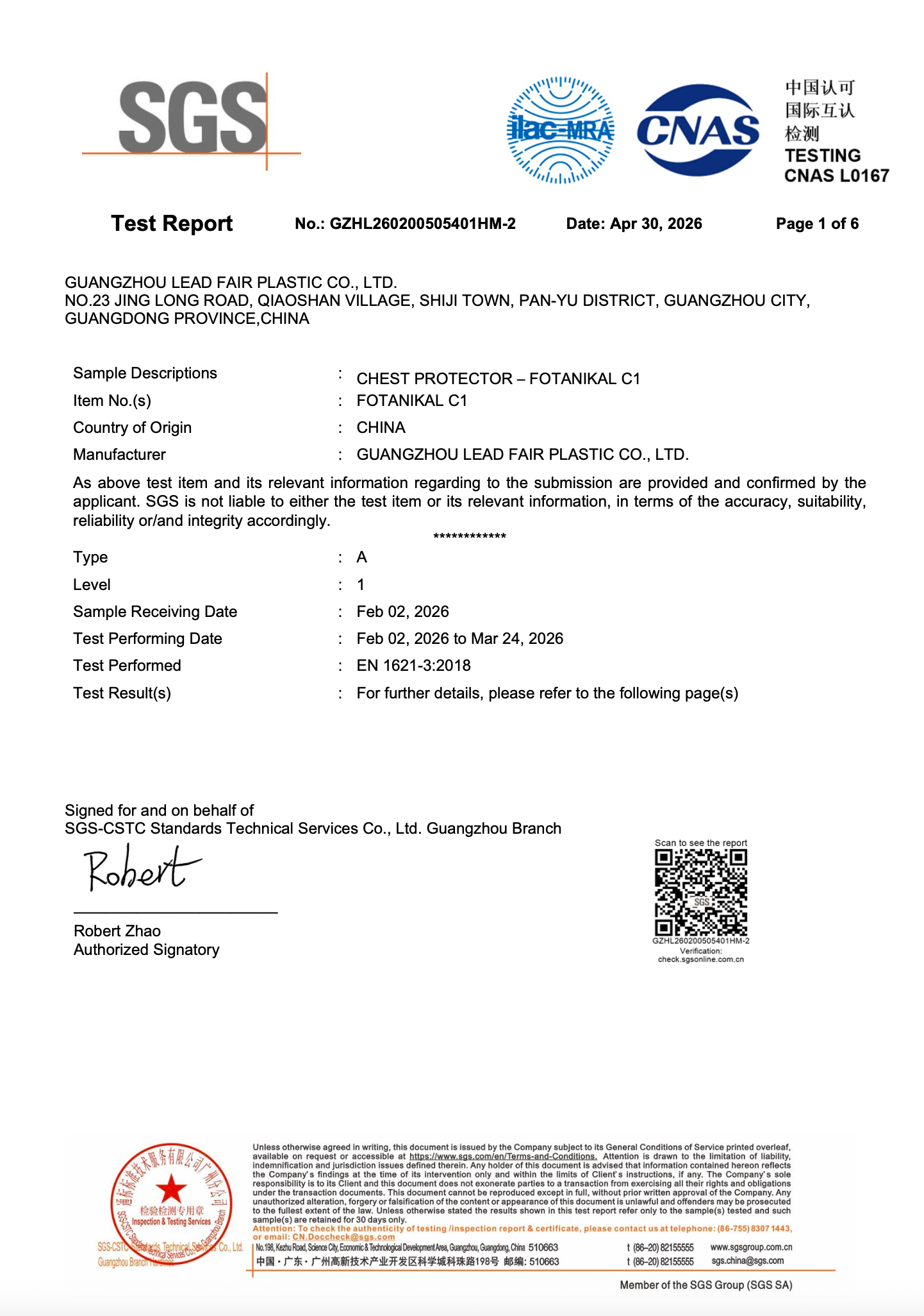 Chest protection EN 1621-3 test report