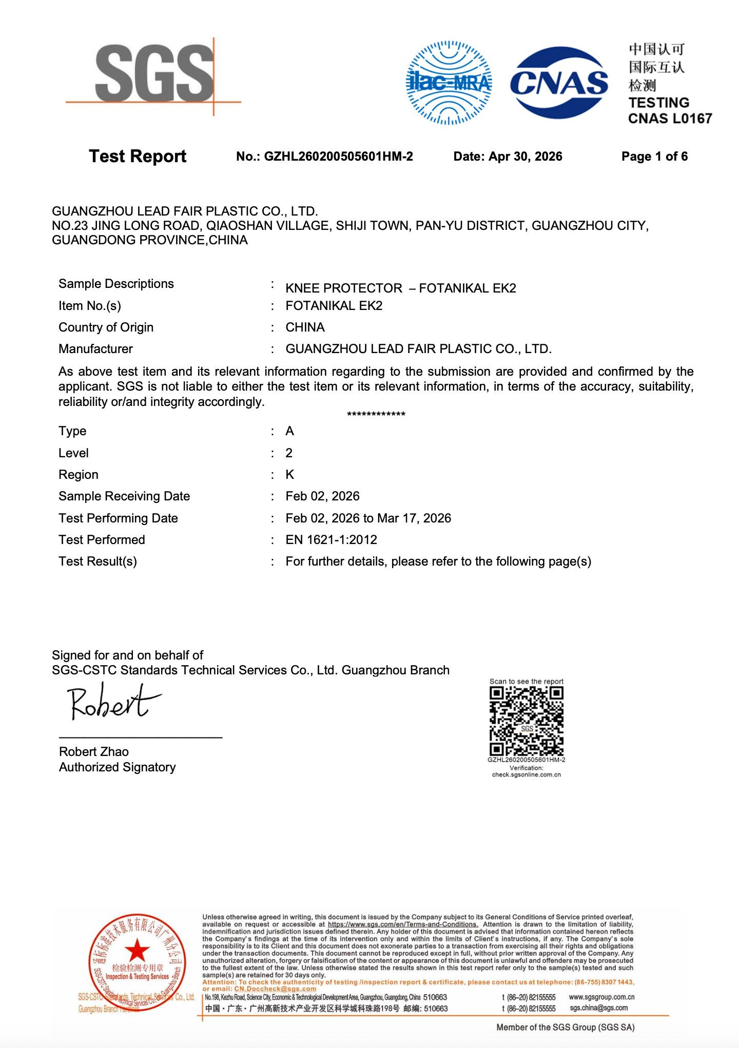 Knee Gear EN 1621-1 Test Report